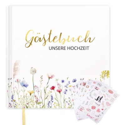 Gästebuch für Hochzeit, Hardcover, blanko, 72 Seiten, 21 x 21 cm, mit Stickern