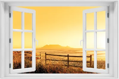 Produktbild von Wallario Wandbild mit Fenster-Illusion: Strand in Südafrika I - Himmel in orange, Größe: 61 x 91,5 cm, Poster mit weißem Aluminiumrahmen