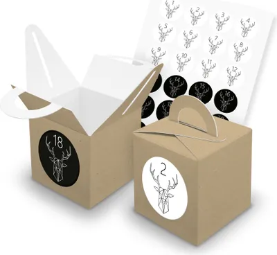Produktbild von itenga SET V43 Adventskalender Würfelbox mit Griff Braun + Zahlensticker Z48