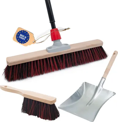 Produktbild von Novaliv Straßenbesen Set 50 cm I Besen Handbesen und Schaufel Teleskopstiel I Arenga-Elaston schwarz-rot I  mit Stiel ausziehbar I Industriebesen Kehrbesen Gartenbesen Hofbesen