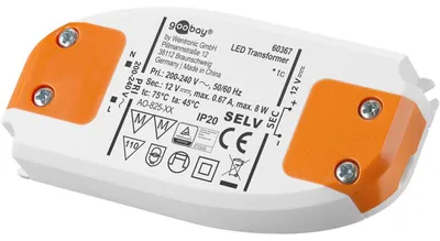 Image de Goobay 60367 Transformateur LED 12 V (DC), 8 W, blanc-orange - pour LEDs jusqu'à 8 W de charge totale et tension continue de 12 V (DC)