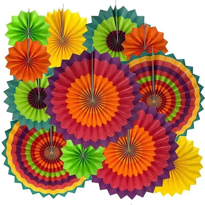 Image de Ensemble de 12 éventails en papier colorés, à suspendre, pour une fête, une soirée à thème hawaïenne, un jardin ou une fête d'anniversaire pour enfants