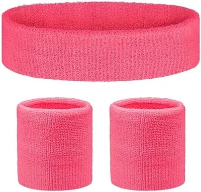 Produktbild von PolkaHome® Set von 3 Sport-Schweißbändern – Stirnband und Handgelenkbänder – Rosa – Baumwolle – für Fitness, Tennis, Fußball