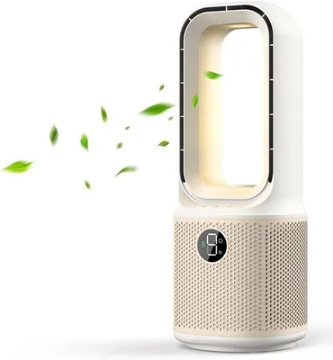 Zdjęcie produktu dla Mały, cichy wentylator biurkowy bez łopatek, 33 cm, 9 prędkości, silny strumień powietrza, obrót o 70°, lampka nocna i timer, do sypialni, biura i na stolik nocny