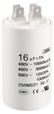 CBB60 Betriebskondensator 16 µF 450 V AC 75x37 mm weiß