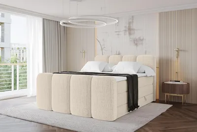 Produktbild von ALTDECOR Boxspringbett mit Fußteil - NINA-Z KING - 180x200 Beige Aragon- Komplett-Set mit H3 und H4 Matratzen und Topper, Polsterbett mit Bettkästen, Lattenrost, Bett mit Stauraum, Doppelbett, Boxbett