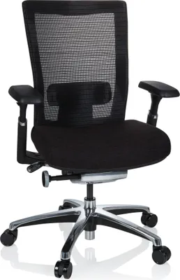 A black ergonomic office chair with a mesh back and fabric seat, shown from a front-side angle on a white background.