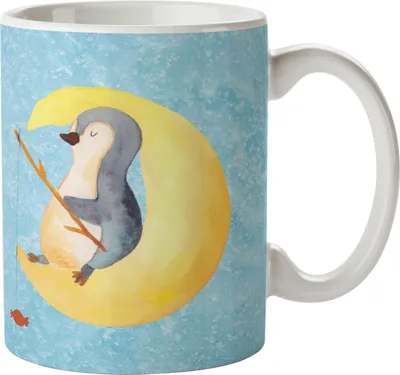 Produktbild von Mr. & Mrs. Panda Becher Pinguin Mond - Eisblau - Geschenk, schöne tasse, Spruch, Kaffeebecher, Erschöpft, Teetasse, Trinkbecher, Kaffeetasse, Angel, Süßigkeiten