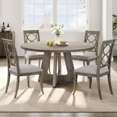 Immagine prodotto di Tavolo rotondo da pranzo, diametro 120 cm, grigio, con piano in legno, stile rustico, adatto per 4-6 persone