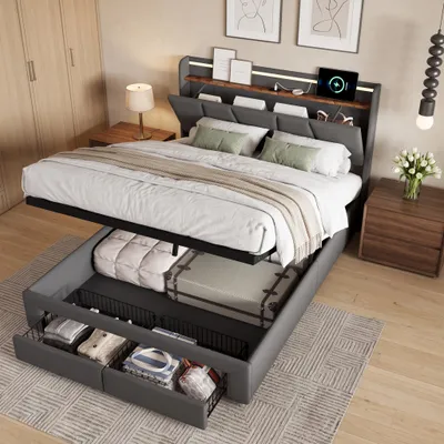 Produktbild von INONEFT Boxspringbett 160x200cm, Hydraulisches Stauraumbett mit 2 Schubladen, Polsterbett Doppelbett mit LED & USB, Jugendbett, Leinen, dunkelgrau