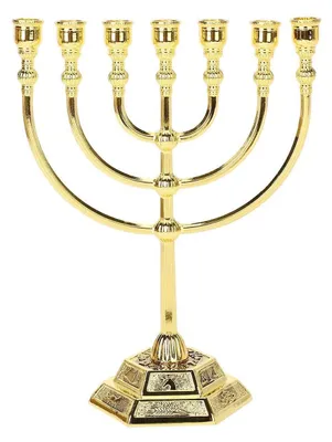 Immagine prodotto di Candeliere a sette braccia, placcato in oro, altezza 17 cm, con decorazioni che rappresentano i 12 tribù di Israele e il design del Tempio