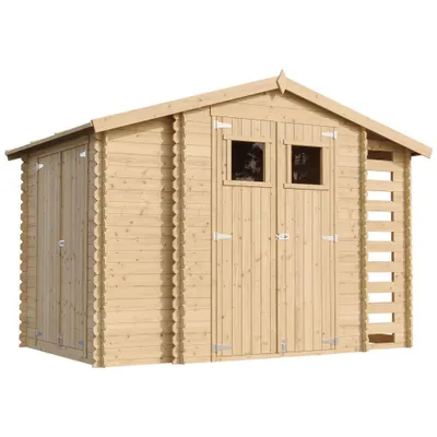 Image de Maison en bois Maison de jardin avec abri pour bois de chauffage TIMBELA M389+M389G - avec plancher Imprégné L328xL206xH218 cm/ 3,53 + 0,97 + 0,97 m2 - Toit imperméable