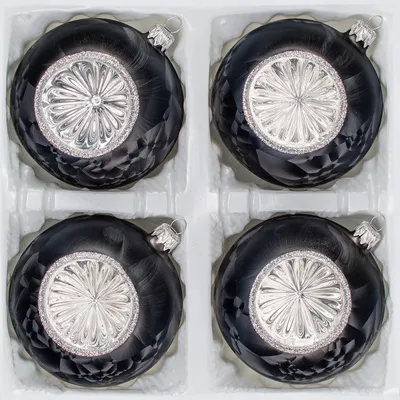 Produktbild von 4 tlg. Glas-Weihnachtskugeln Set 10cm Ø in "Vintage Ice Schwarz Silber"