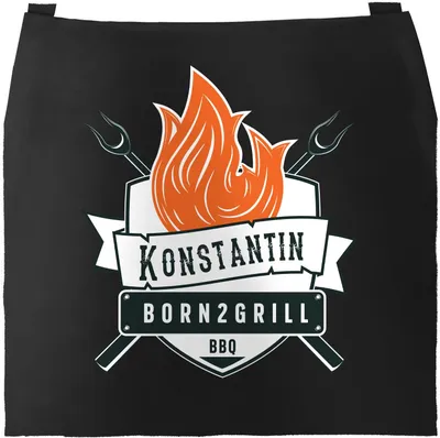 Produktbild von Personalisierte Grill-Schürze für Männer mit Name Born To Grill Spruch Baumwoll-Schürze Küchenschürze Moonworks® schwarz unisize