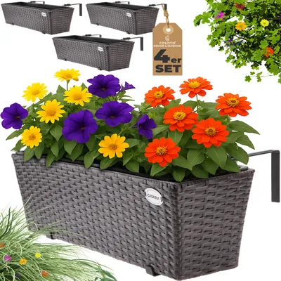 Produktbild von CASARIA® Blumenkasten 4er Set 11 Liter Montagehalterung Indoor Outdoor Geländerkasten Balkonkasten Pflanzkasten braun