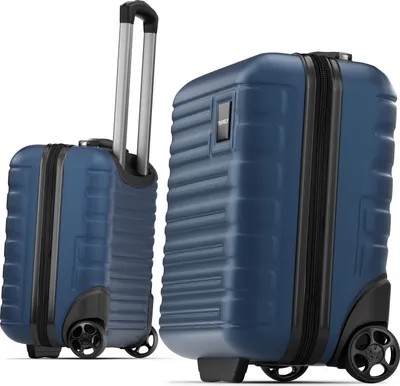 Two blue suitcases are shown against a white background. One is in the foreground, slightly to the right, and the other is behind it and to the left, with its handle extended.