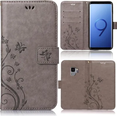 A collage of images showing a grey flip phone case with a floral and butterfly design, a phone inside the case, and the back of the case.