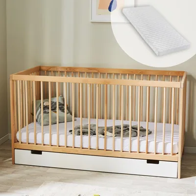 Image de Lit bébé lit d'enfant lit à barreaux 70x140 cm avec matelas et tiroir réglable en hauteur & barreaux amovibles | Bois de hêtre naturel  Europe