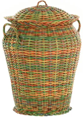 Produktbild von KRINES HOME Wäschekorb / Wäschetonne rund aus echtem Rattan, Wäschesammler mit Deckel und Inlett (Bunt (Rot, Blau, Grün, Gelb))