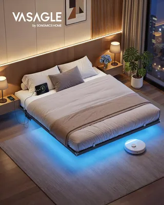 Obrázek produktu pro Rám postele VASAGLE 160 x 200 cm s LED osvětlením, portem USB-C, zásuvkovou lištou, do ložnice, nosnost až 500 kg, černý