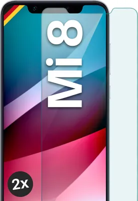 A screen protector for a Xiaomi Mi 8 phone, with the phone's screen displaying marketing graphics.