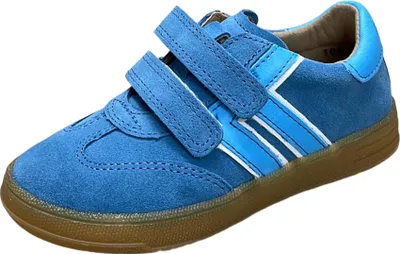 A single blue children's shoe with white and light blue accents and a brown sole, shown from a side-diagonal angle against a white background.