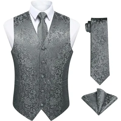 Productafbeelding van Herenset: Vest, das, zakdoek, paisley, jacquard, grijs, XXL