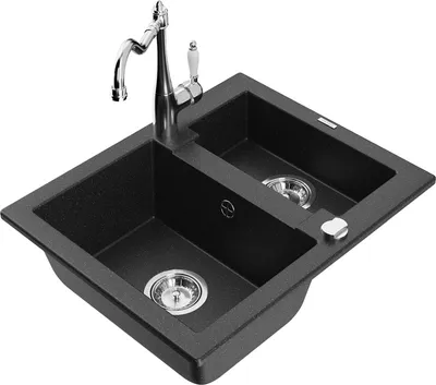 Produktbild von Mexen Carlos 1,5-Becken-Granitspüle mit Mischbatterie Carla, Schwarz/Silbermetallic - 6518-73-670700-00