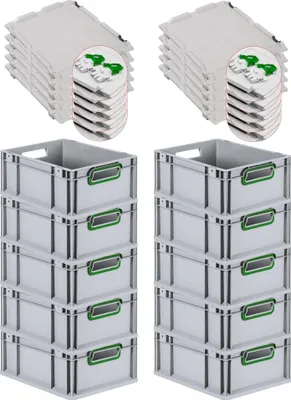 Produktbild von SuperSparSet 10x Eurobox NextGen Color mit Scharnierdeckel und Schiebeschnappverschlüssen | HxBxT 17x30x40cm | 16 Liter | Grau | Griffe grün offen | Glatter Boden | Eurobehälter, Transportbox, Transportbehälter, Stapelbehälter