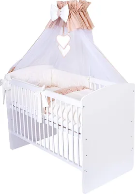 Produktbild von KMbaby Babybett K2 weiss 120x60 mit 10tlg Bettwäsche Set Matratze Gitterbett cremig braun neu