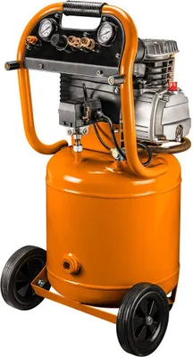 An orange vertical oil compressor with two wheels and a handle.