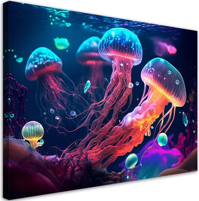 Produktbild von Leinwandbild Neon-Qualle 100x70 Feeby Bunt bild für die wand bereit zum aufhängen