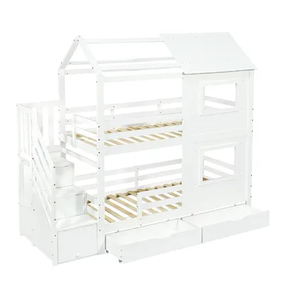 Produktbild von okwish Etagenbett 90x200cm Stockbett mit Aufbewahrungsschublade auf Rollen,Bettgestell mit Treppenschrank und Fenster,Jugendbett ohne Matratze mit Lattenroste,Weiß