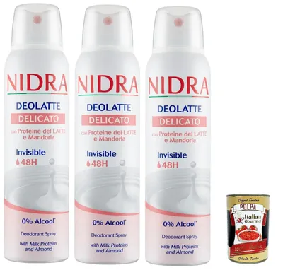 Produktbild von Nidra Deodorante Deolatte Delicato Deodorant Spray mit Milchproteinen und Mandel Deo 3x 150ml + Italian Gourmet polpa 400g