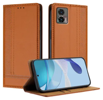 A brown leather flip case for a smartphone is displayed, showing the phone inside and the case open.