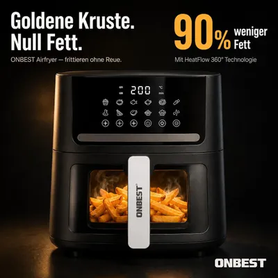 Produktbild von ONBEST Heißluftfritteuse Airfryer AF1665 | mit 100 Backpapier | XXL | 6,5 L | 1600 W | 12 Kochprogramme | Mit Sichtfenster