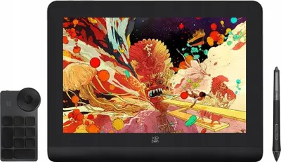 A digital drawing tablet and its accessories are displayed against a white background.