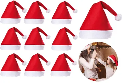 Produktbild von Weihnachtsmannmütze – 10 Stück – Einheitsgröße – 27 × 35 cm – Rote Weihnachtsmannmütze – Weihnachtsmannmütze – Weihnachten – Weihnachtsdekoration