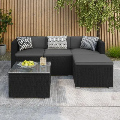 Produktbild von Yaheetech 5er Gartenmöbel Set Balkonmöbel aus Polyrattan wetterfest mit 2 Ecksofas & Sofa & Stuhl & Beistelltisch & Sitzkissen, Schwarz & Grau