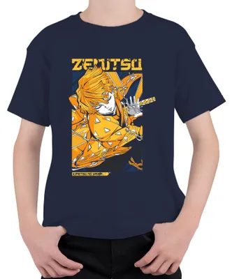Zdjęcie produktu dla Zenitsu Agatsuma Kimetsu no Yaiba Lightning Sword Anime Japan Y2K Streetwear Manga Koszulka dziecięca uni , granatowy, 128