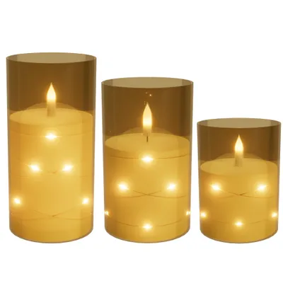Obrázok produktu pre JOIEYOU Sada 3 LED sviečok bez plameňa s akrylovými pohármi, diaľkové ovládanie a funkcia časovača Teplé biele sviečky na Vianoce, Halloween, svadbu, párty (LED korálky, zlatá)