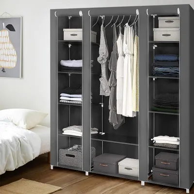 Produktbild von Kleiderschrank Stoffschrank Faltschrank Wäscheschrank Garderobe mit Kleiderstange Vlies Gewebe Grau 172*134*43cm