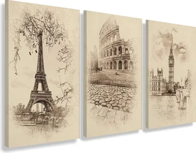 Produktbild von Eleganter Triptychon mit europäischen Denkmälern Wandbilder für das Wohnzimmer Vintage Retro 90x180