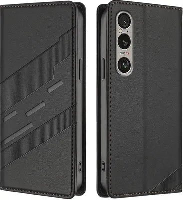 A black leather phone case is shown from two angles.