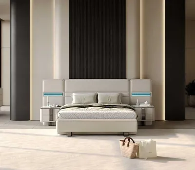Produktbild von Designer Beige Schlafzimmergarnitur Polsterbett 2x Holz Nachttische