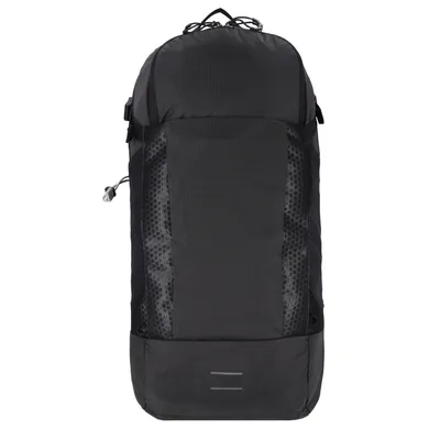 A black backpack is shown against a white background.