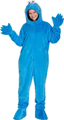 A person wearing a blue Cookie Monster costume.