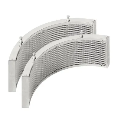 Two curved metal filters with a mesh pattern, presented against a white background.