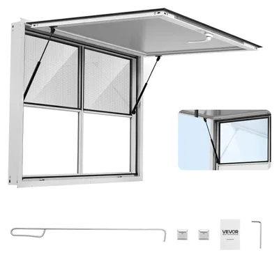 Produktbild von VEVOR Verkaufsfenster für Foodtrucks 1220 x 915 mm Aluminiumlegierung, Konzessionsfenster bis 85° Aufklappbar, 2 Feste Glasscheiben Oben, 2 Schiebe-Fliegengitter Unten, Verkaufsklappe, Regenschutz