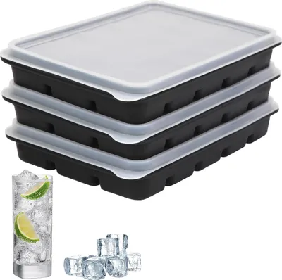 Produktbild von Eiswürfelform, Silikon-Eiswürfelform mit Deckel, 3 Stück, 45 Fächer, Silikon-Eiswürfelschale, für Cocktails, Whisky, Wein, Obst, Fruchtpüree, Eistee, 3 Stück, schwarz
